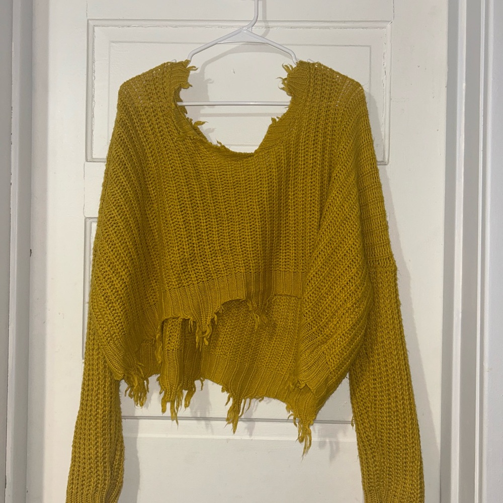 SHEIN Yellow Distressed Knit Sweater